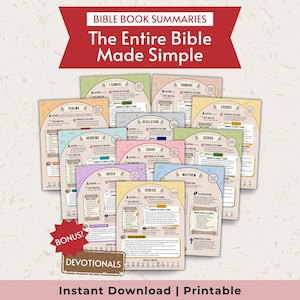 Può includere: Una raccolta di riassunti stampabili di libri della Bibbia con sfondi colorati. Il titolo "Bible Book Summaries" e "The Entire Bible Made Simple" sono visualizzati in alto. L'immagine include il testo "Instant Download | Printable".