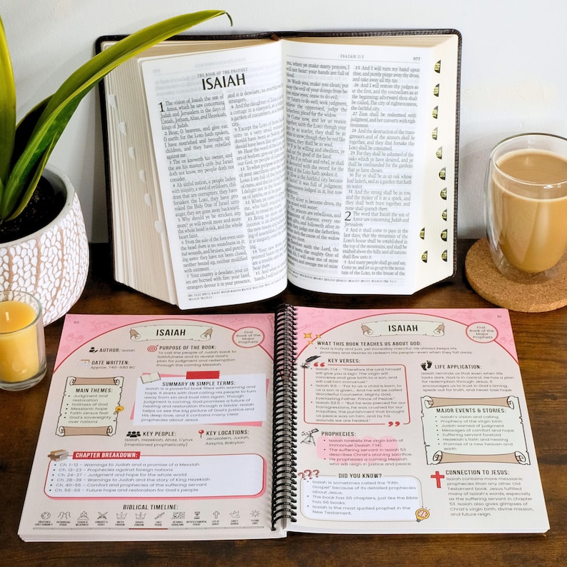 May include: An open Bible with the book of Isaiah displayed, alongside a study guide with pink accents. A cup of coffee and a lit candle are also visible. The Bible is open to chapter 1.