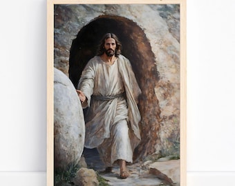 May include: A painting of a man in a white robe walking out of a cave. He is pushing a large stone out of the way. The cave is dark and the man is illuminated by a light coming from behind him.