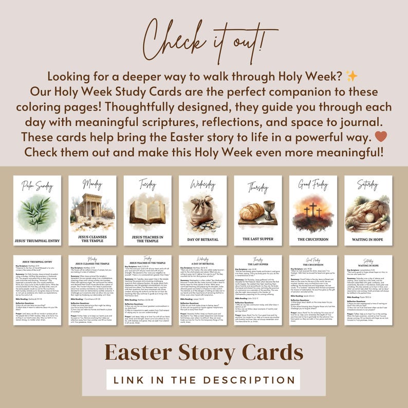 May include: A set of printable Easter story cards with watercolor illustrations. Each card features a different scene from Holy Week, including Jesus' triumphal entry, the Last Supper, and the crucifixion. The cards include space for journaling and reflection.