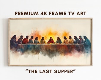 May include: A watercolor painting depicting the Last Supper, featuring Jesus and his disciples seated at a table. The painting is done in warm colors with a soft, ethereal feel.