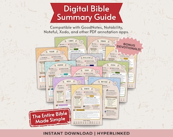 May include: A collection of digital Bible summary guides, each with a unique color scheme and design. The guides are compatible with various annotation apps and include bonus devotionals. Text on the image reads "Digital Bible Summary Guide" and "The Entire Bible Made Simple."