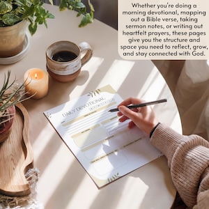 May include: A Daily Devotional notepad with a pen, coffee mug, and lit candle. The notepad has sections for key verses, questions, and reflections. Text on the notepad reads "Daily Devotional". The image also includes text that reads "Whether you're doing a morning devotional..."