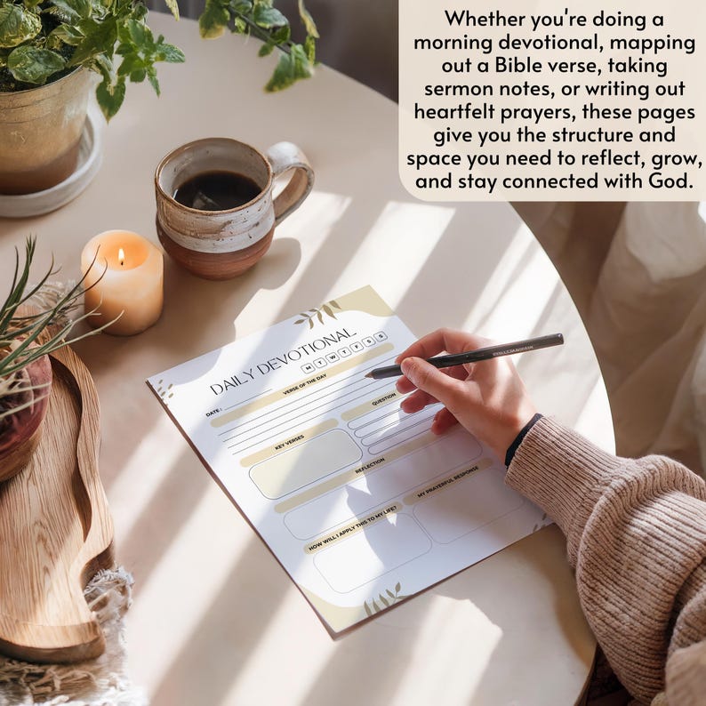 May include: A Daily Devotional notepad with a pen, coffee mug, and lit candle. The notepad has sections for key verses, questions, and reflections. Text on the notepad reads "Daily Devotional". The image also includes text that reads "Whether you're doing a morning devotional..."