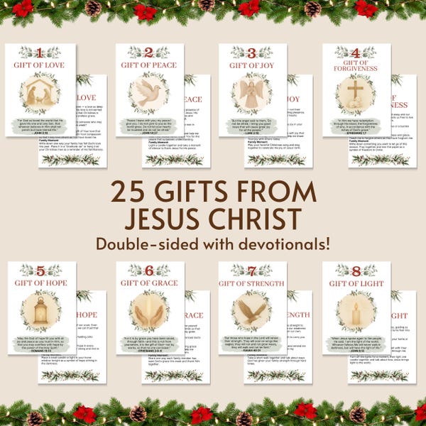 25 regalos de Jesucristo, tarjetas de Adviento de Navidad con las Escrituras, calendario de Adviento cristiano imprimible con versículos bíblicos, tarjetas del calendario de Adviento SUD