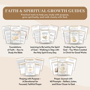 May include: Image of faith and spiritual growth guides. The image includes several books and journals with titles such as "Foundations of Faith," "Learning to Be Led by the Spirit of God," and "Prayer Journal with 40 Prompts." The guides are designed to help with studying, spiritual growth, and connecting with God.