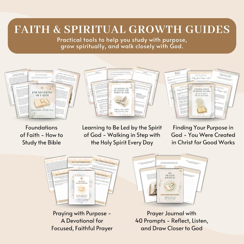 May include: Image of faith and spiritual growth guides. The image includes several books and journals with titles such as "Foundations of Faith," "Learning to Be Led by the Spirit of God," and "Prayer Journal with 40 Prompts." The guides are designed to help with studying, spiritual growth, and connecting with God.