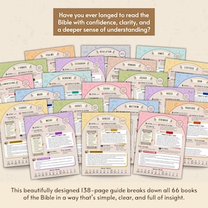 May include: A collection of colorful cards, each labeled with a book of the Bible, such as Genesis, Psalms, and Revelation. The cards have a pastel color scheme and include text about the books' authors, themes, and key locations. The image also includes the text: "Have you ever longed to read the Bible with confidence, clarity, and a deeper sense of understanding?"