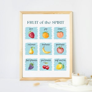 Puede incluir: Un póster imprimible con fondo azul y texto blanco que dice "FRUIT of the SPIRIT". El póster presenta nueve frutas diferentes, cada una representando un fruto diferente del espíritu: amor, alegría, paz, paciencia, bondad, amabilidad, fidelidad, gentileza y autocontrol.