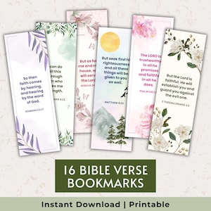 Puede incluir: Un conjunto de 16 marcadores de versículos bíblicos con diseños florales y de la naturaleza. Cada marcador muestra un versículo bíblico diferente en un marco rectangular blanco. El texto "16 BIBLE VERSE BOOKMARKS" está en una pancarta verde.