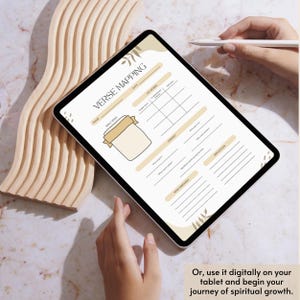 May include: A digital tablet showing a "Verse Mapping" template, featuring areas for Bible verse, keywords, context, and application. The tablet is held by a person, with a stylus. Text on the tablet reads "Verse Mapping".