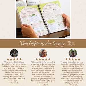 May include: Open Bible study book with spiral binding, featuring colorful illustrations and text. The book is open to a page about the book of Chronicles. The image also includes customer reviews with star ratings.