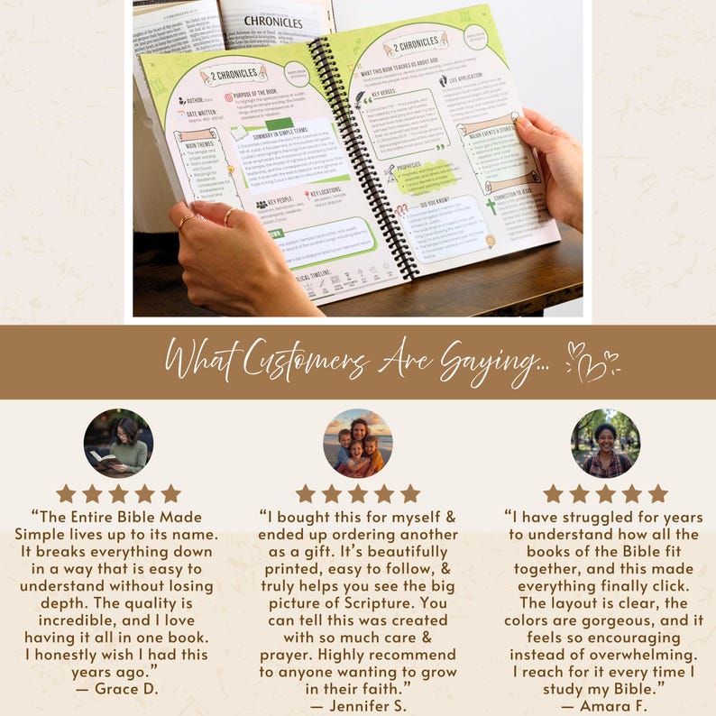May include: Open Bible study book with spiral binding, featuring colorful illustrations and text. The book is open to a page about the book of Chronicles. The image also includes customer reviews with star ratings.