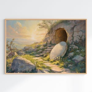 Dipinto di tomba vuota, è risorto, decorazione murale con versetto della Bibbia stampabile, dipinto di Gesù, arte della scrittura di Pasqua, arte murale della resurrezione di Gesù