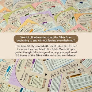 Puede incluir: Un conjunto de tarjetas coloridas de Bible Tip-Ins con texto, que incluye "&iquest;Quieres finalmente entender la Biblia de principio a fin sin sentirte abrumado?" y "Entire Bible Made Simple". Las tarjetas est&aacute;n dispuestas sobre una superficie clara.