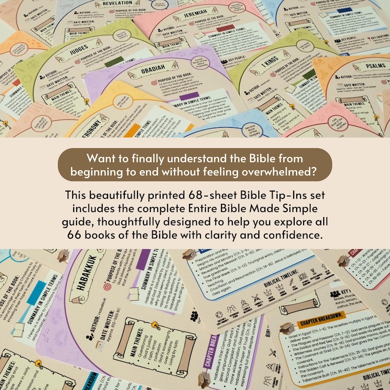 Puede incluir: Un conjunto de tarjetas coloridas de Bible Tip-Ins con texto, que incluye "&iquest;Quieres finalmente entender la Biblia de principio a fin sin sentirte abrumado?" y "Entire Bible Made Simple". Las tarjetas est&aacute;n dispuestas sobre una superficie clara.