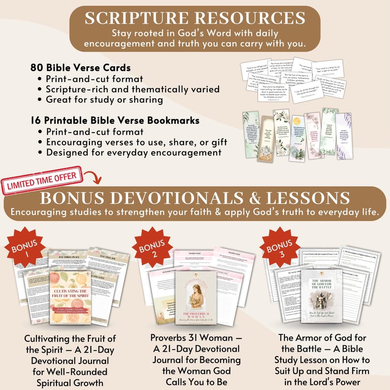 May include: An advertisement for scripture resources, including 80 Bible verse cards and 16 printable bookmarks. Bonus devotionals and lessons are also offered. The text includes "Cultivating the Fruit of the Spirit" and "Proverbs 31 Woman".