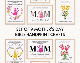 May include: Set of nine framed Mother's Day Bible handprint crafts. Each print features a handprint design with floral accents and inspirational quotes. The prints are in various colors, including pink, yellow, and red, with the words "Happy Mother's Day!"