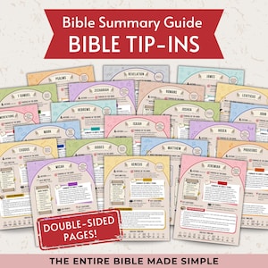 Könnte beinhalten: Eine Sammlung farbenfroher Bible Tip-Ins-Karten, die jeweils ein Buch der Bibel zusammenfassen. Die Karten zeigen Titel wie Psalmen, Genesis und Sprichwörter, mit Schlüsselinformationen und dem Text "Double-Sided Pages!" und "The Entire Bible Made Simple."