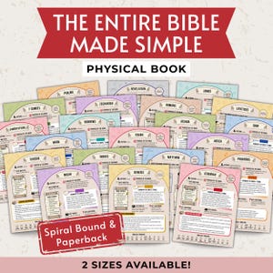 Puede incluir: Un conjunto de tarjetas coloridas con el texto "THE ENTIRE BIBLE MADE SIMPLE" y "PHYSICAL BOOK". Las tarjetas están etiquetadas con los nombres de los libros de la Biblia. El texto "Spiral Bound & Paperback" y "2 SIZES AVAILABLE!" también es visible.