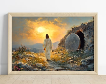 May include: A painting depicting a man in white robes walking away from a stone tomb. The scene is set against a backdrop of a sunset with a bright orange sky and a rolling landscape.