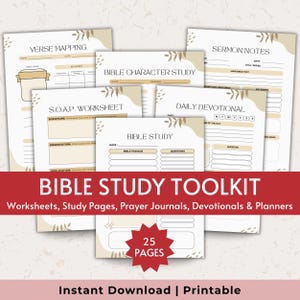 Puede incluir: Un conjunto de hojas de trabajo y diarios de estudio bíblico imprimibles. Las páginas presentan plantillas para el mapeo de versículos, notas de sermones, hojas de trabajo SOAP y devocionales diarios. El título "Bible Study Toolkit" se muestra en una pancarta roja.