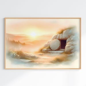 Dipinto di tomba vuota, è risorto, versetto della Bibbia stampabile, arte murale, Gesù acquerello, dipinto di scrittura pasquale, arte murale della resurrezione di Gesù