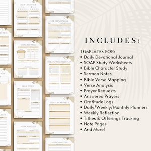 May include: Printable journal pages in beige and white, featuring templates for daily devotionals, Bible study, and verse mapping. The image includes the text "INCLUDES" and a list of templates for various journaling activities.