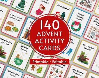 May include: A collection of 140 Advent activity cards with various Christmas-themed tasks. The cards feature colorful illustrations and text, including "Make a Snowman" and "Decorate the Bedroom." The cards are labeled "Printable • Editable."