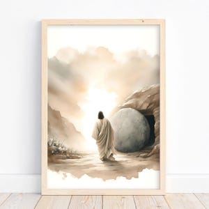 May include: A painting depicting a man in a white robe walking away from a large stone tomb. The background is a hazy, golden sky with a bright light shining through the clouds.