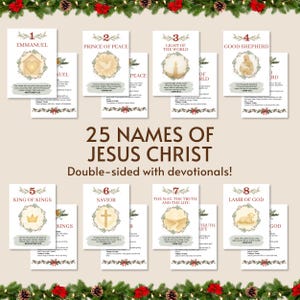 May include: A collection of cards featuring the "25 Names of Jesus Christ," each card with a unique name and devotional. The cards are decorated with floral wreaths and festive holiday accents. The text "Double-sided with devotionals!" is also visible.