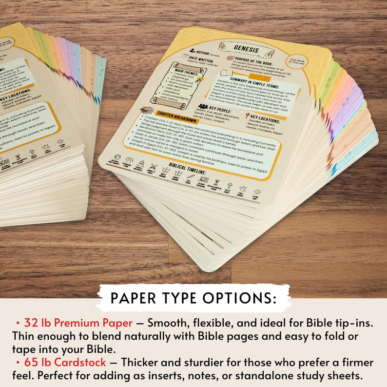 Puede incluir: Un mont&oacute;n de tarjetas de estudio b&iacute;blico con bordes coloridos, que presentan informaci&oacute;n sobre el G&eacute;nesis. Las tarjetas son blancas con acentos amarillos y beige, e incluyen informaci&oacute;n sobre personas clave, lugares y temas. El texto "PAPER TYPE OPTIONS" es visible.