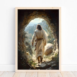 Pobierz grafikę ścienną „On zmartwychwstał”, obraz Jezusa namalowany na Wielkanoc, werset biblijny, sztuka ścienna z fragmentem Pisma Świętego na Wielkanoc, sztuka ścienna z Jezusem Zmartwychwstaniem