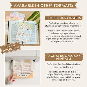 May include: Image showing Bible study aids, including inserts and printable digital downloads. The inserts are placed inside an open Bible, while the digital download is printed from a printer. Text includes "Bible Tip-Ins / Inserts" and "Digital Download / Printable."