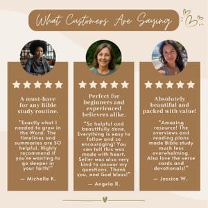 May include: A promotional graphic with customer testimonials. The text reads "What Customers Are Saying." Three customer reviews are displayed with star ratings and quotes about a Bible study resource. The background is a light brown color.