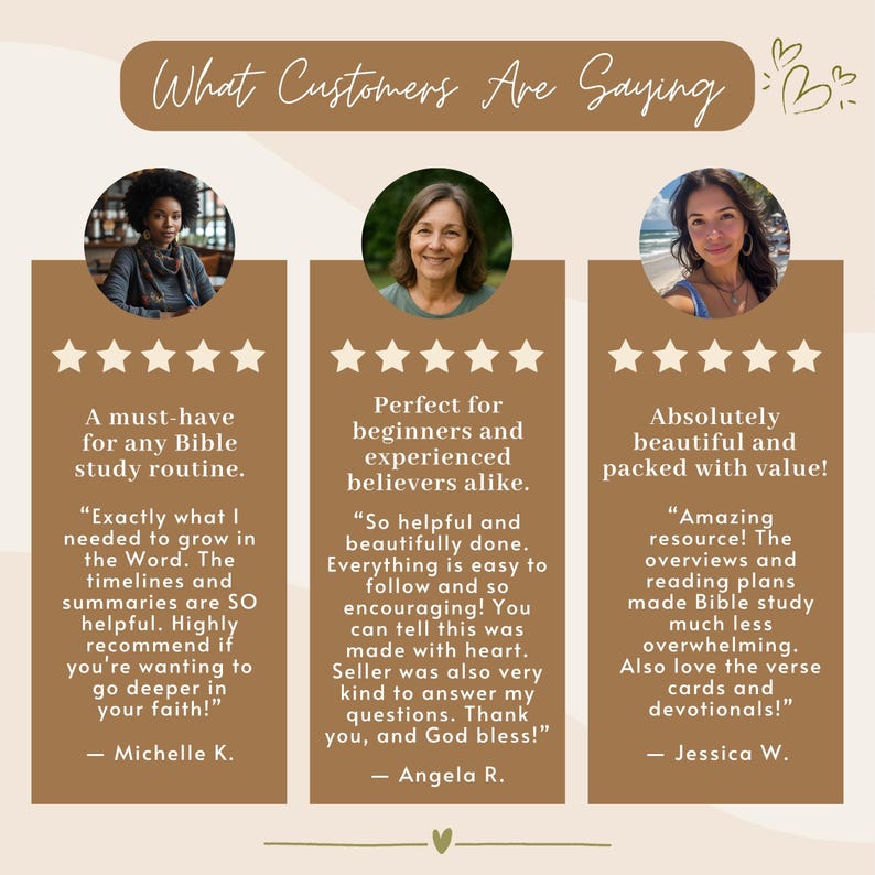May include: A promotional graphic with customer testimonials. The text reads "What Customers Are Saying." Three customer reviews are displayed with star ratings and quotes about a Bible study resource. The background is a light brown color.