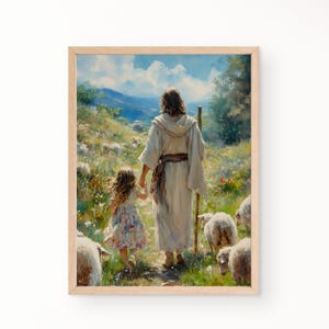 Jesus and Little Girl Print, Jesus With Sheep and Little Girl Walking With Jesus Painting, Jesus with Young Girl, Christ Holding Little Girl