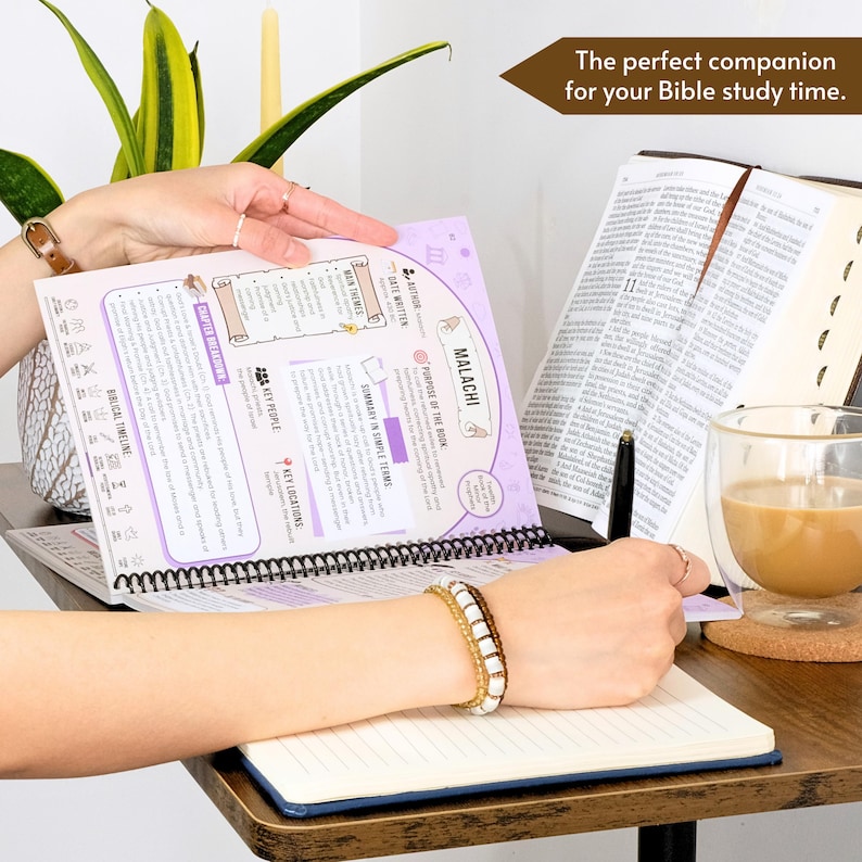 May include: A spiral-bound Bible study guide open to the book of Malachi, with a pen and notebook. The guide features sections on key people, locations, and themes. A large Bible and a cup of coffee are also visible.