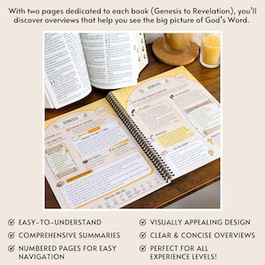 May include: A spiral-bound study guide with the title "Genesis" open to a detailed overview. The pages feature text, charts, and illustrations in a colorful layout. The text at the top says "With two pages dedicated to each book (Genesis to Revelation), you'll discover overviews..."