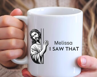 Taza cristiana divertida personalizada, taza divertida de Jesús, regalo cristiano divertido para ella, taza con "Jesús, vi eso", taza con meme de Jesús, tazas de café religiosas
