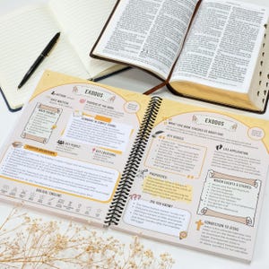 May include: An open spiral-bound study guide with the title "Exodus" is displayed, alongside an open Bible and a notebook. The guide features detailed notes, key verses, and chapter breakdowns. A black pen rests on a notebook, suggesting a study session.