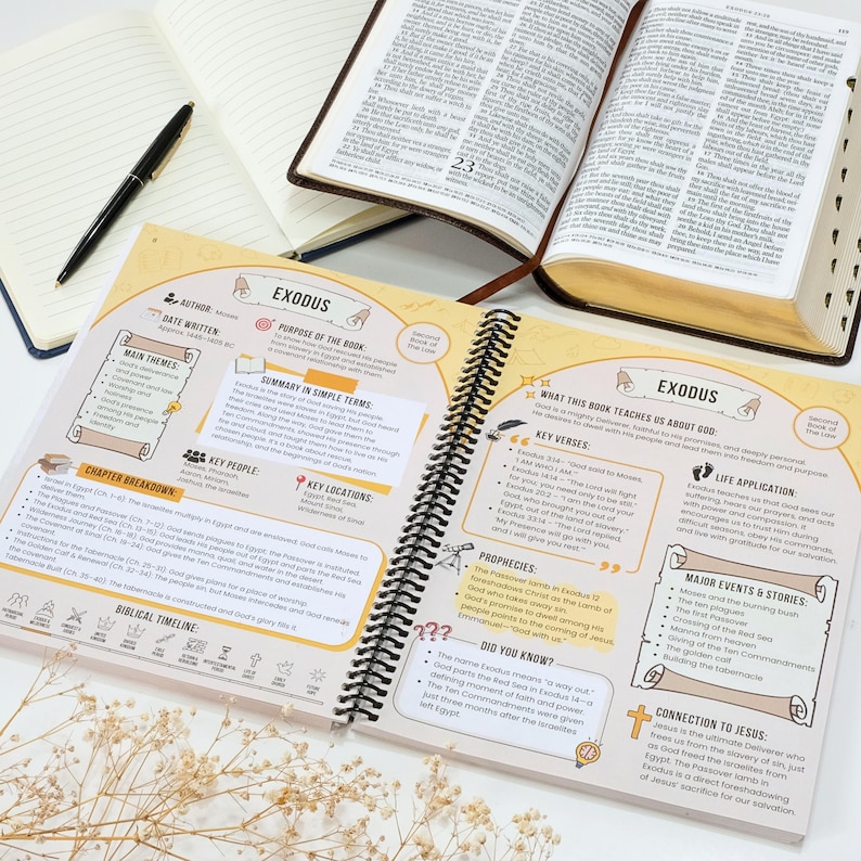May include: An open spiral-bound study guide with the title "Exodus" is displayed, alongside an open Bible and a notebook. The guide features detailed notes, key verses, and chapter breakdowns. A black pen rests on a notebook, suggesting a study session.