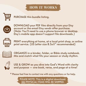 May include: A beige digital download guide titled "HOW IT WORKS" with instructions for purchasing, downloading, printing, and organizing PDF files. The guide recommends US Letter size 8.5x11 inch paper. The guide also states that no physical items will be shipped.