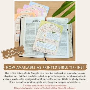 May include: An open Bible with colorful tip-in cards featuring Bible book names like Proverbs and Judges. The cards have detailed information. A banner at the bottom reads "NOW AVAILABLE AS PRINTED BIBLE TIP-INS!"