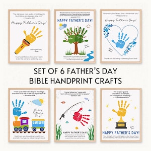 May include: A set of six framed Father's Day Bible handprint crafts. Each print displays a handprint design with a Bible verse and "Happy Father's Day!". Designs include a handprint flashlight, tree, heart, train, fishing scene, and trophy.