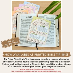 May include: An open Bible with colorful, double-sided tip-in cards featuring biblical book names like "Judges" and "Proverbs." The cards are designed to fit inside a Bible for study. The image includes text that says "Link in Description!"