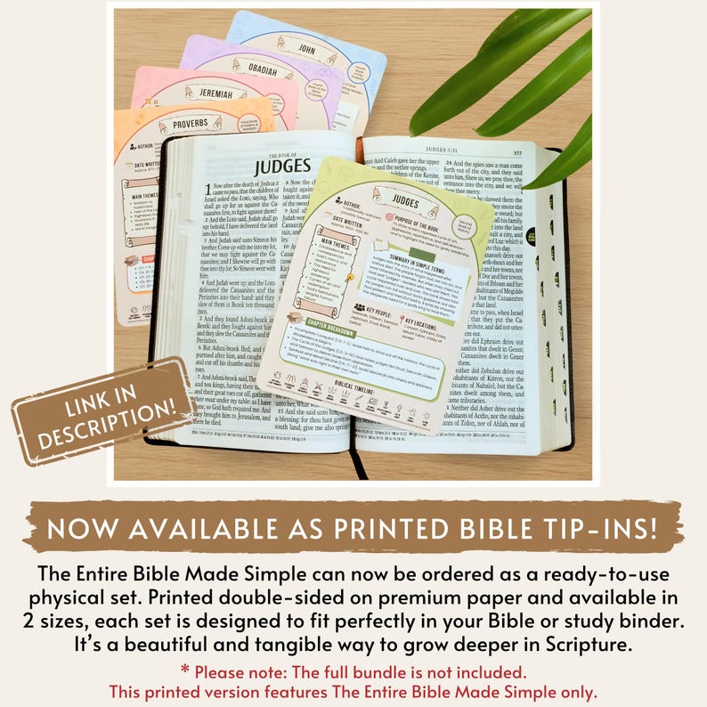 May include: An open Bible with colorful, double-sided tip-in cards featuring biblical book names like "Judges" and "Proverbs." The cards are designed to fit inside a Bible for study. The image includes text that says "Link in Description!"