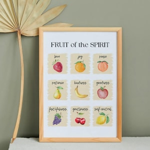 Fruit of the Spirit Print Watercolor Fruits of the Spirit Wall Art Kids Poster, Kitchen Christian Art Print Minimalist, Galatians 5 22 23