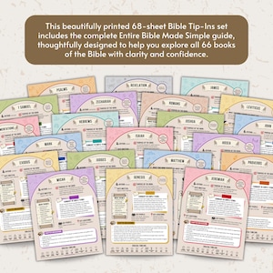Puede incluir: Un juego de 68 hojas de Bible Tip-Ins con tarjetas coloridas para cada libro de la Biblia. Las tarjetas tienen texto y gr&aacute;ficos, con el texto "This beautifully printed 68-sheet Bible Tip-Ins set includes the complete Entire Bible Made Simple guide..."