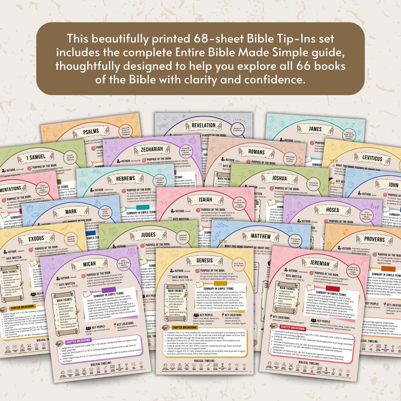 Puede incluir: Un juego de 68 hojas de Bible Tip-Ins con tarjetas coloridas para cada libro de la Biblia. Las tarjetas tienen texto y gr&aacute;ficos, con el texto "This beautifully printed 68-sheet Bible Tip-Ins set includes the complete Entire Bible Made Simple guide..."